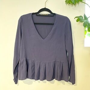 Zara Basic Navy Top V Neck Long Sleeve Peplum